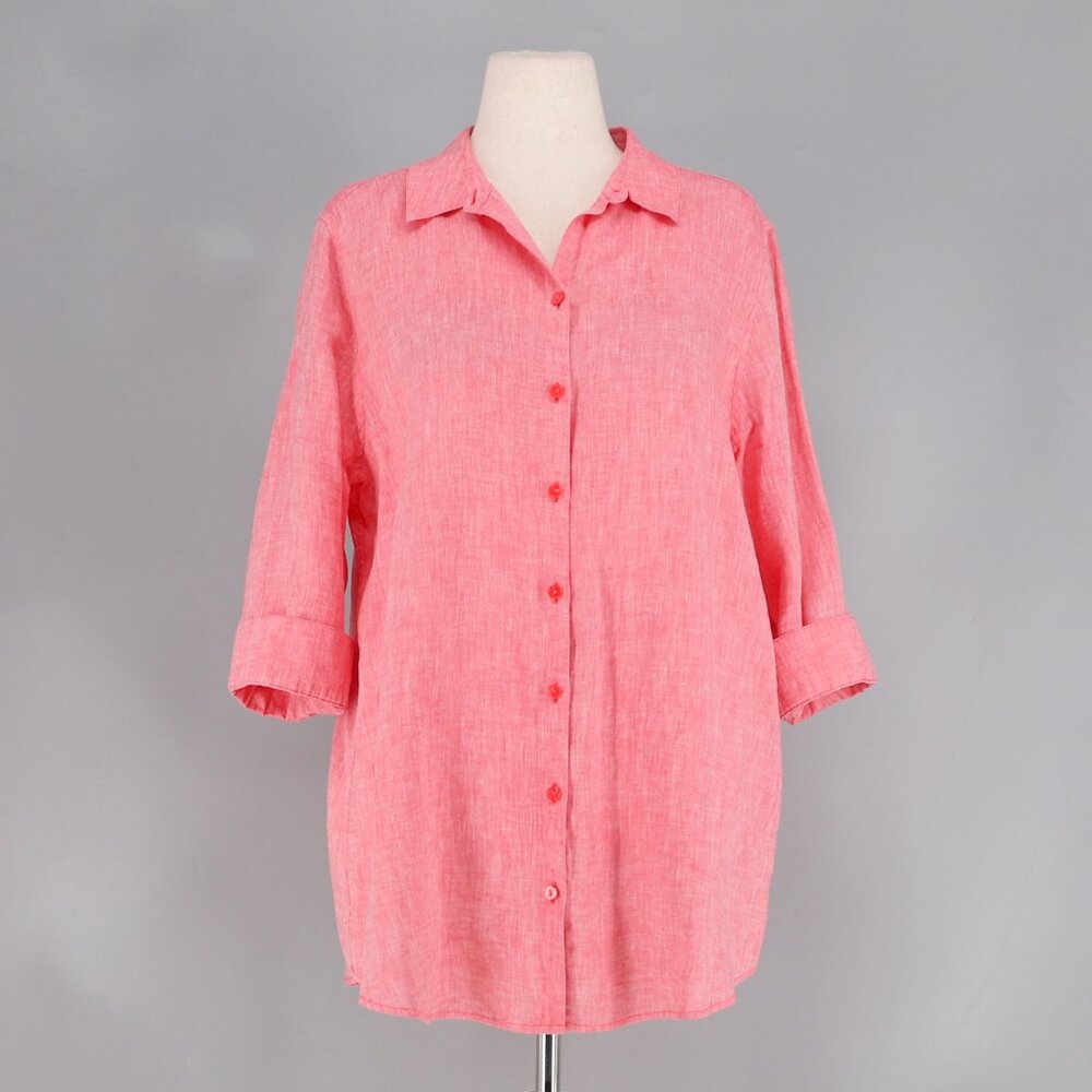CHICO'S No Iron Linen Tunic Shirt 3/4 Sleeve Coral Pink Size 3/ XL